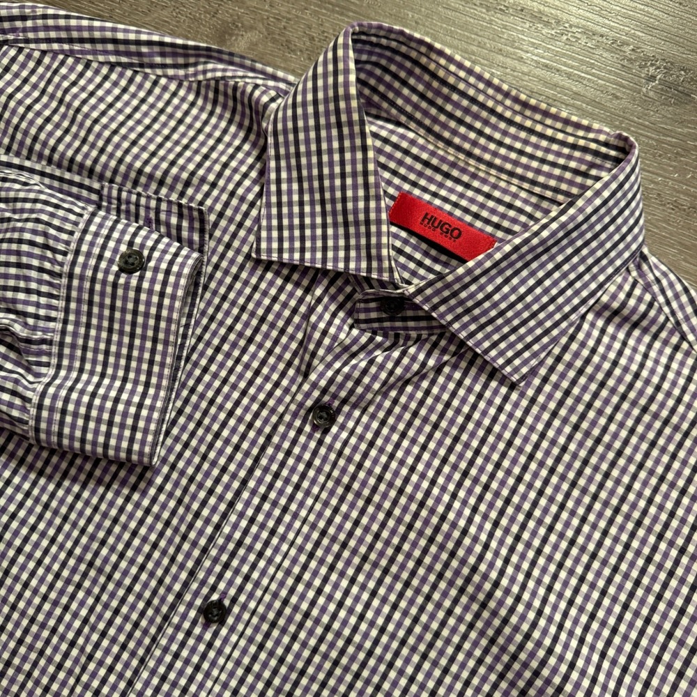 Hugo Boss Shirt Men 16 32/33 Purple Gingham Cotton Business Casual Luxury Preppy